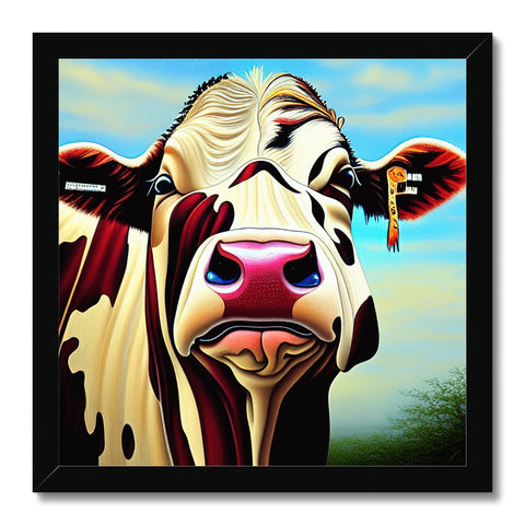 A big and colorful cow wearing a belt, looking up at the sky.