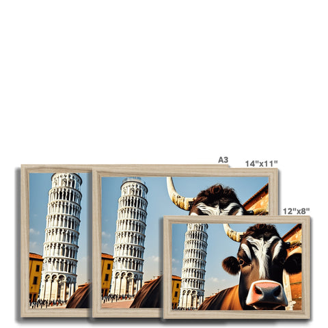 A large photo frame with a picture of five cows standing by the picture of Italy.