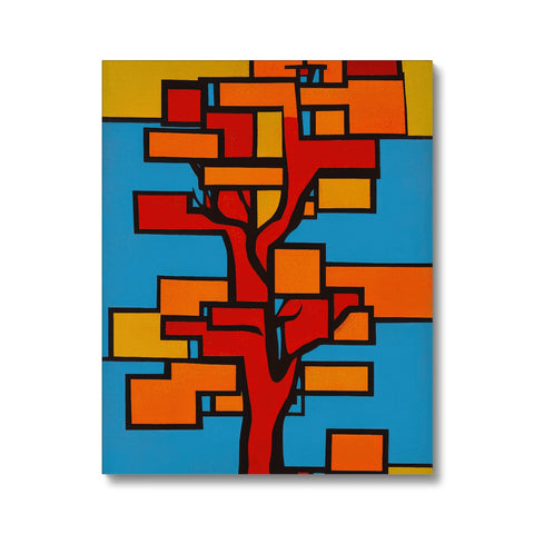 A colorful wooden painting of a tree with two light colors intertwined together.