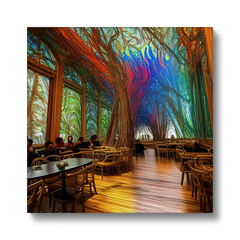 An indoor restaurant with colorful glass ceiling is pictured in front of a tree.