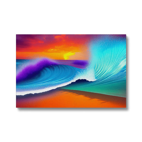A very bright colorful painting of waves in the ocean with waves rolling past a beach.