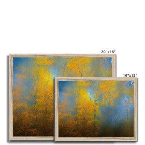 A picture frame with three paintings of trees and trees in a wooded area are on