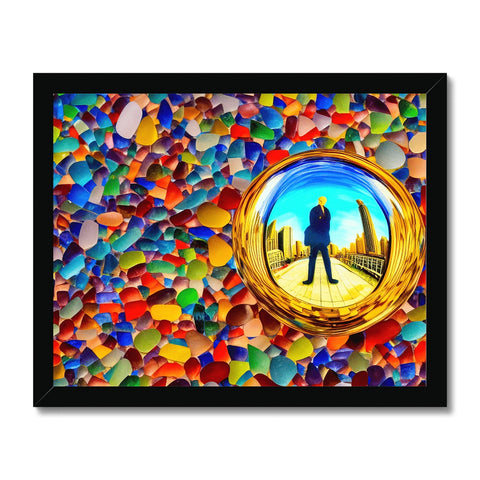 A colorful mosaic photo is hanging on a wall by a mirror.