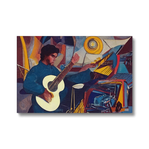 A man playing a guitar on a white painted art print