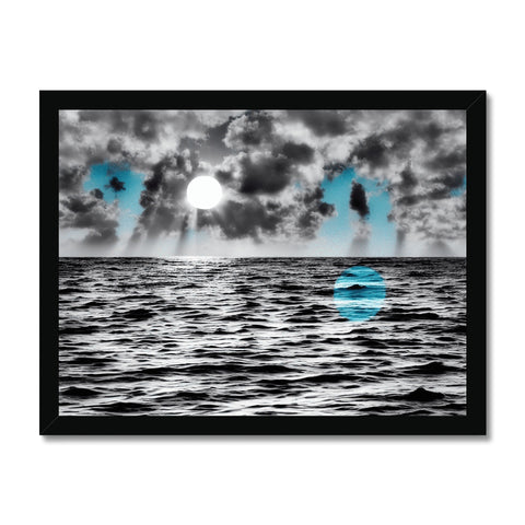 a large view of a view of the ocean on a blue framed poster