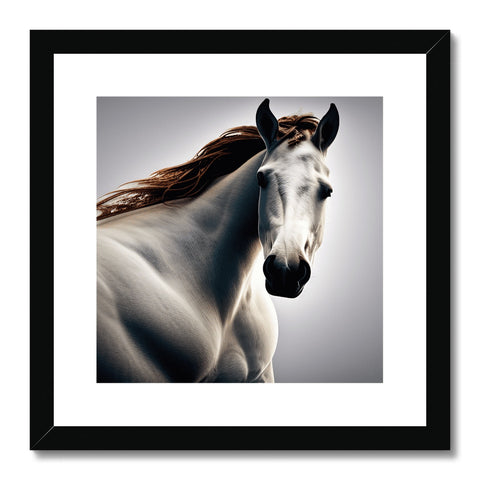 A horse is standing in front of a photo of an old wooden photo frame. �