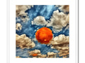 a cloud covered in clouds set against a blue sky has an orange sunburst