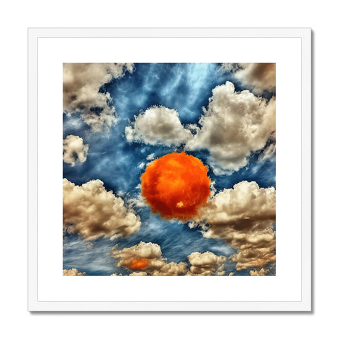 a cloud covered in clouds set against a blue sky has an orange sunburst