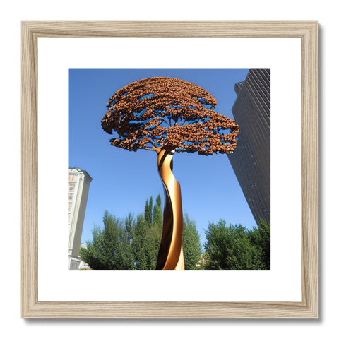 A blue art print hanging on a wooden tree with a red leaf on top of it