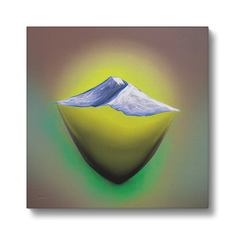 An abstract painting of mountain peaks on a mountain landscape.