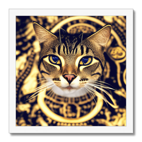 a gold framed cat with black and white background on display