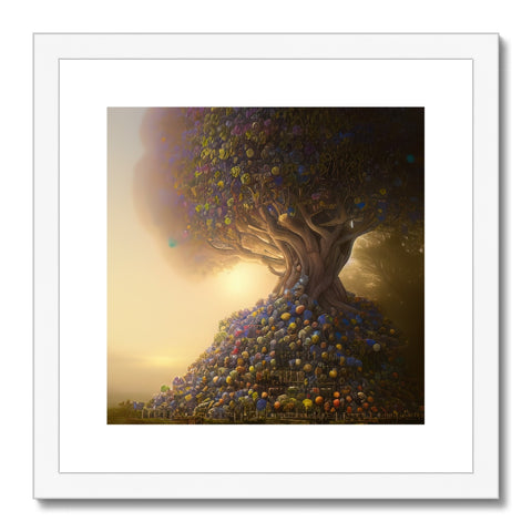 Art prints on a colorful tree in an orchard setting.