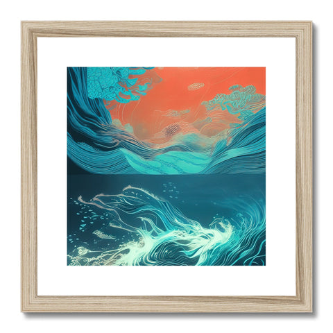 A colorful art print with waves falling in the background.