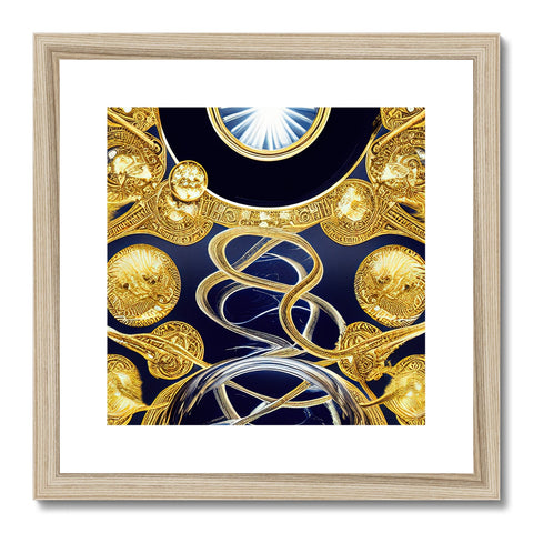 An art print with gold ornate design hanging on the walls on a frame.