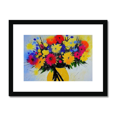 Art print with colorful flowers of various kinds on a table.