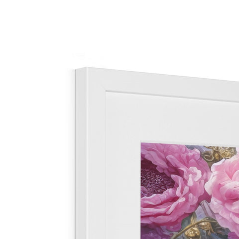 A picture of pink peony flowers on the top of a frame with picture on it