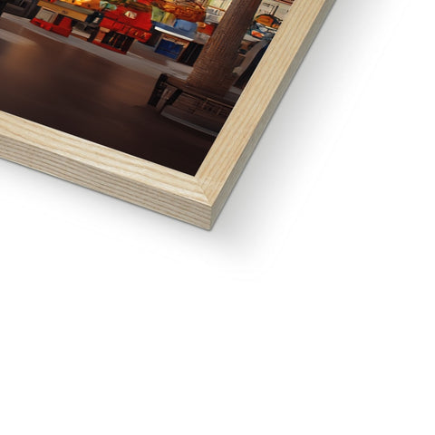 A wooden picture frame with a photograph is on a wooden table.