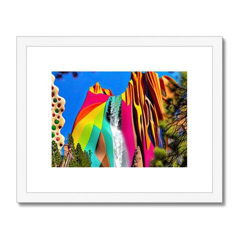 Rainbow umbrella on a white shelf next to a yellow paper art print of flowers and