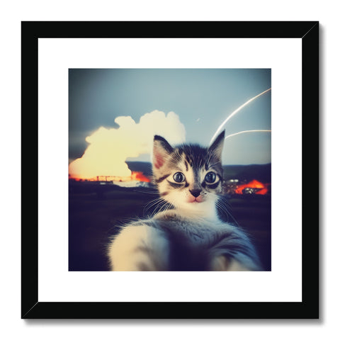 A cat sitting on top of a picture framed in a photo frame with two items on