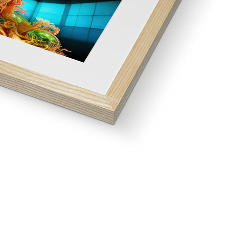 A picture frame with a blue wooden image and an apple in the center of the frame