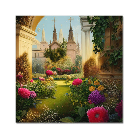 A picture is in a window with a white and pink backdrop of a flower garden.