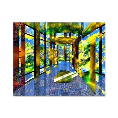 A walkway leading to a window filled with a wall of glass with art prints on