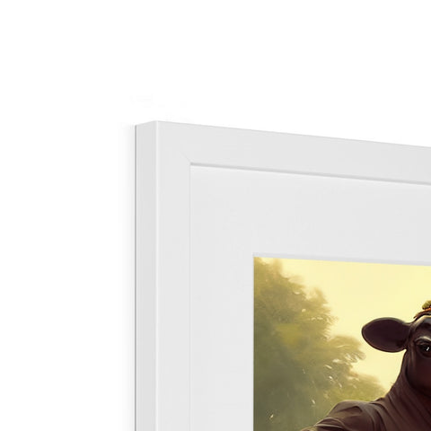 A picture of a photo of a cow hanging in a picture frame on a wall.