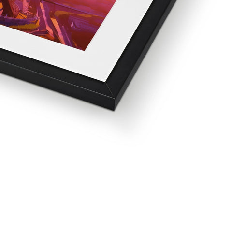 A colorful framed picture is in a small frame in the top of a tall wall.