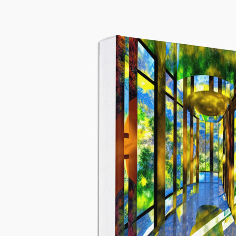 Abstract painting of a window scene that has glass doors and a tree next to it.