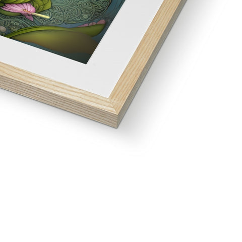 A view of an art print that is on a wooden framed frame.