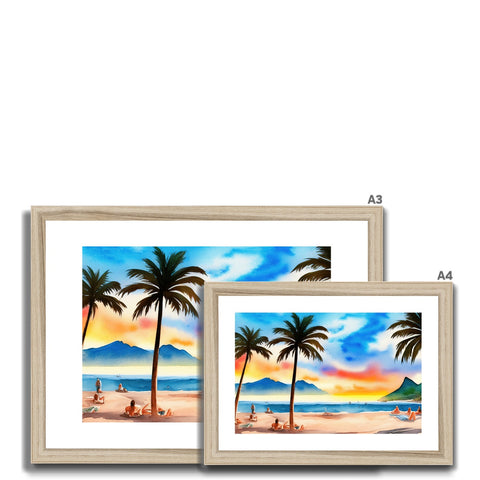 Three picture frames hanging on a wall of art with a sunset and palm trees.