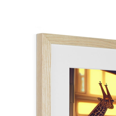 Wooden picture frame with a giraffe standing in a doorway on a wall.