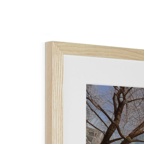 A black photo frame featuring a framed view of the tree. "