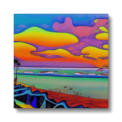 A painting that shows a sunset painting on a beach with colorful water in front of it