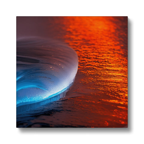 A very colorful glass photograph on a wall above a body of water with a wave.
