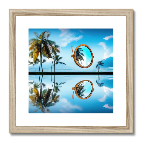 Art print on a frame hangs next to a mirror next to some glass on a wall