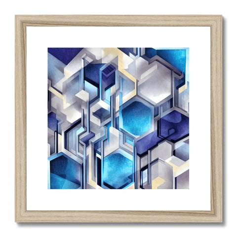 a small framed art print with geometric shapes with a silver background with a border