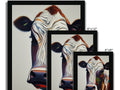 Art prints of cows on art glass in a barn with white curtains.