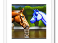 a two equines standing side by side standing in water next to a river and two