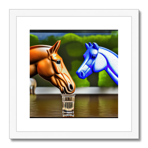 a two equines standing side by side standing in water next to a river and two
