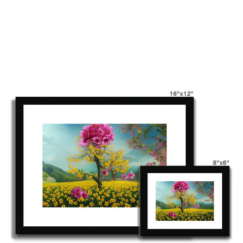 Two pictures of trees in a frame with a flower, with several colors printed on them