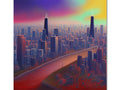 A photo of an art print of a bright red city skyline.