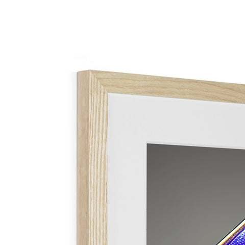 Close up of a picture frame with a mirror and a white framed photo of a wooden