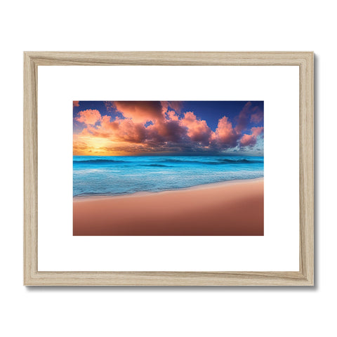 A colorful framed photograph of a beach with a beach at sunset.