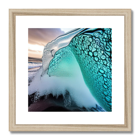 A ocean wave in a white background with a picture hanging on the wall.