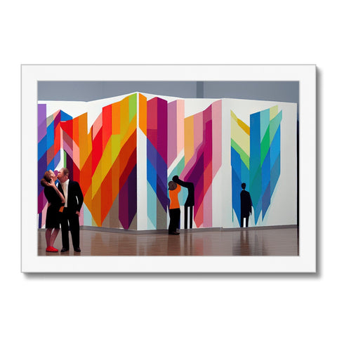 A large white painting with a rainbow of colored prints in the background of a wall in