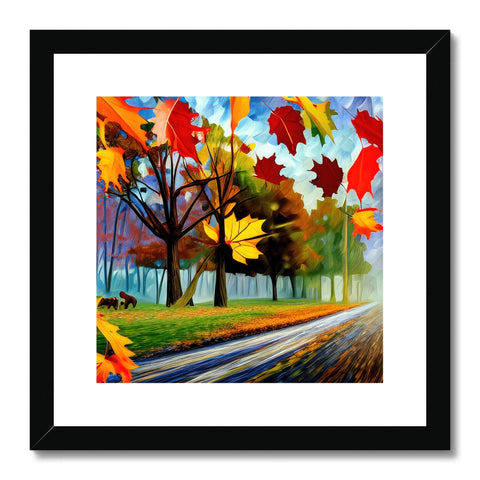 A wooden art print of a road with several colorful trees in it.