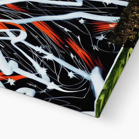 An artwork prints a surfboard with several graffiti and colorful leaves on it.