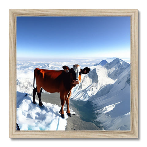 A cow posing with a wooden frame on a mountain.