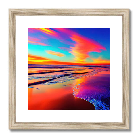 A very colorful photograph of a sunset on a beach on a black and white framed picture
